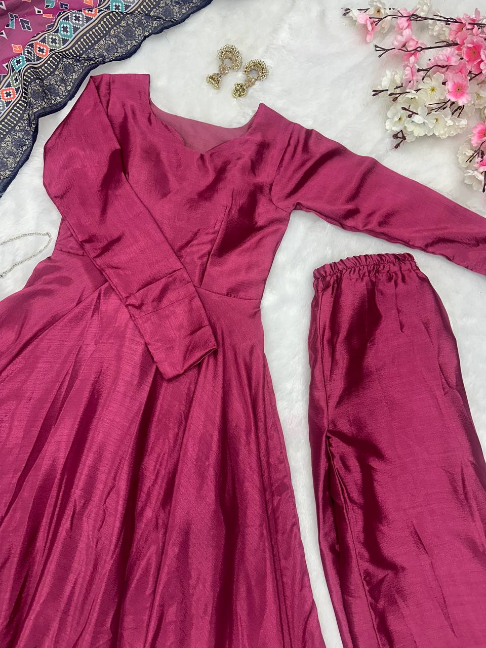 Party Wear Wine Color Designer Chinnon Silk Anarkali Palazzo Suit