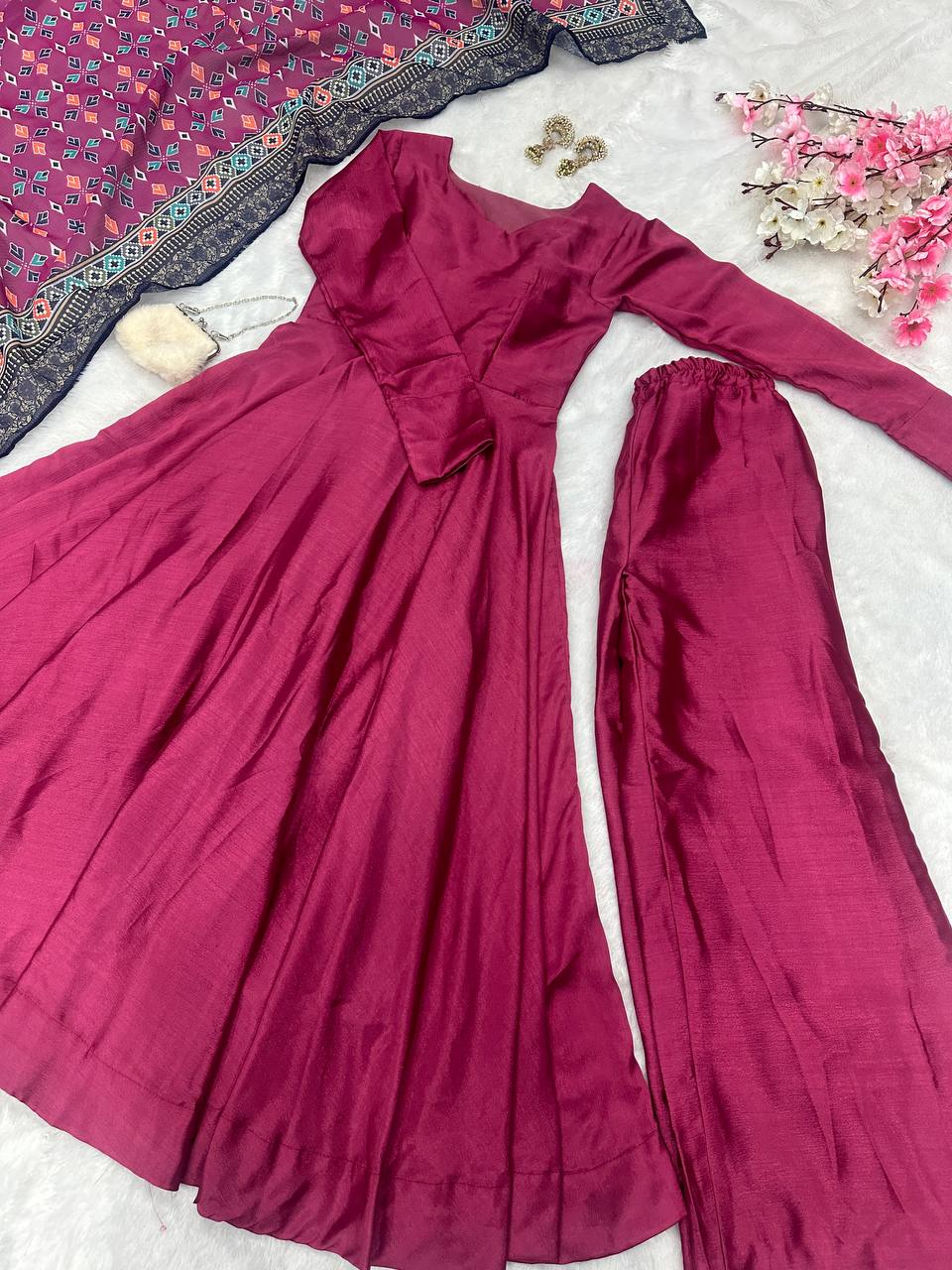 Party Wear Wine Color Designer Chinnon Silk Anarkali Palazzo Suit