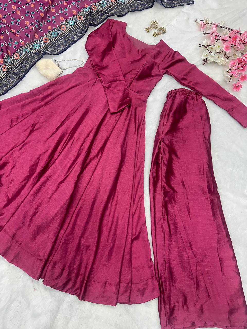 Party Wear Wine Color Designer Chinnon Silk Anarkali Palazzo Suit