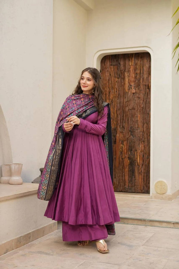 Party Wear Wine Color Designer Chinnon Silk Anarkali Palazzo Suit