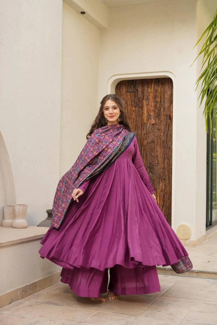 Party Wear Wine Color Designer Chinnon Silk Anarkali Palazzo Suit