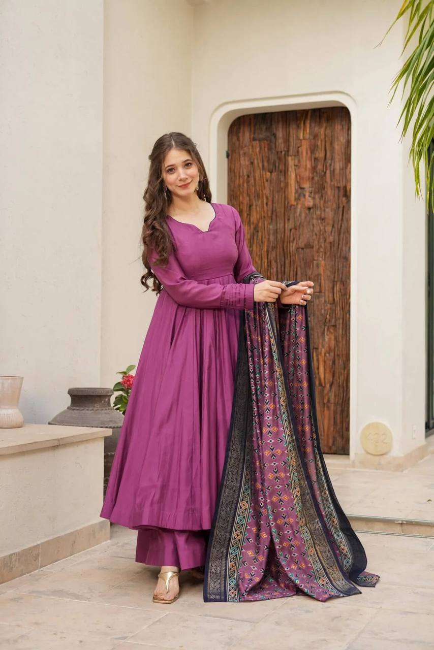 Party Wear Wine Color Designer Chinnon Silk Anarkali Palazzo Suit