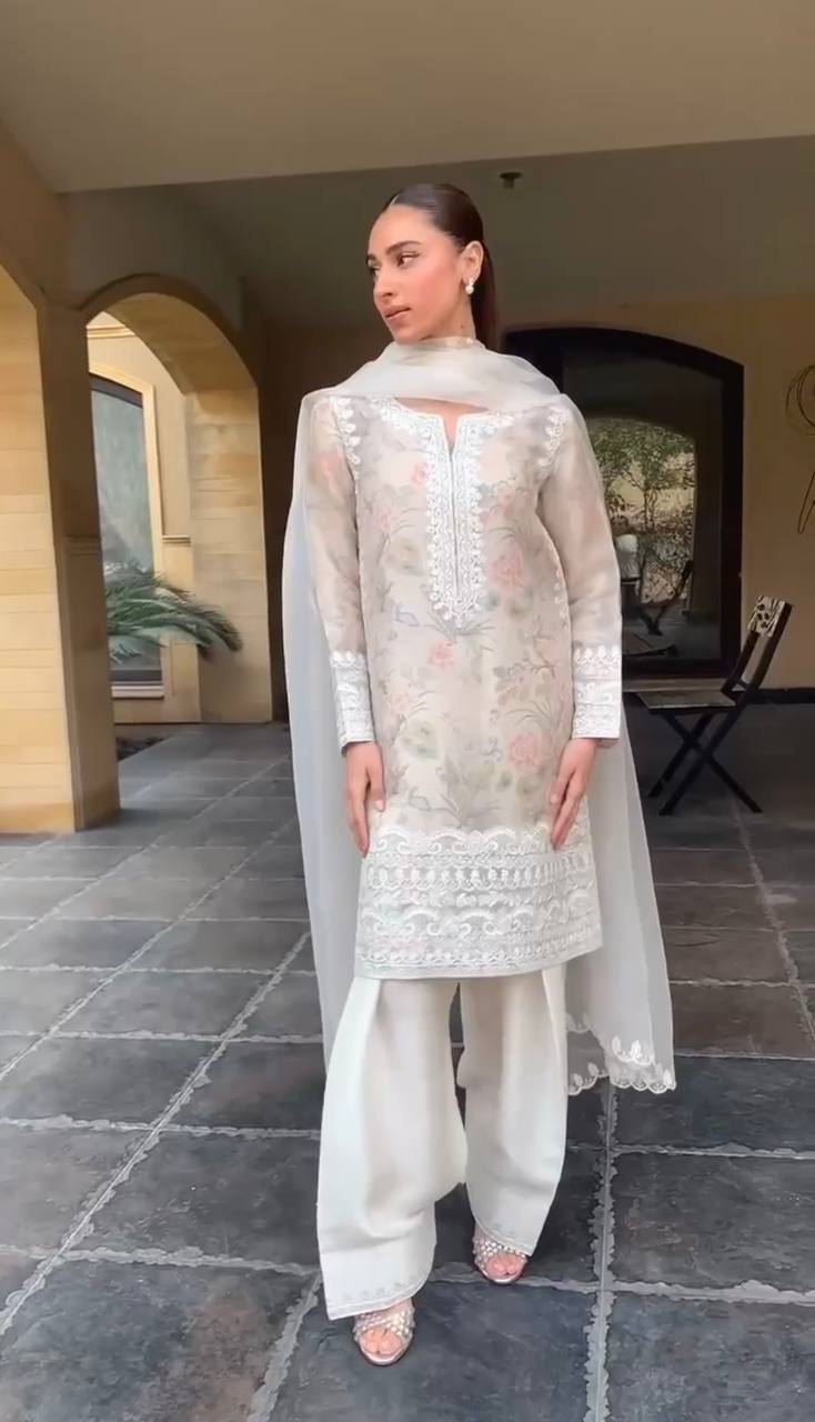 Ceremony Wear Off White Color Pure Organza Silk Thread Embroidery With Printed Designer Salwar Suit