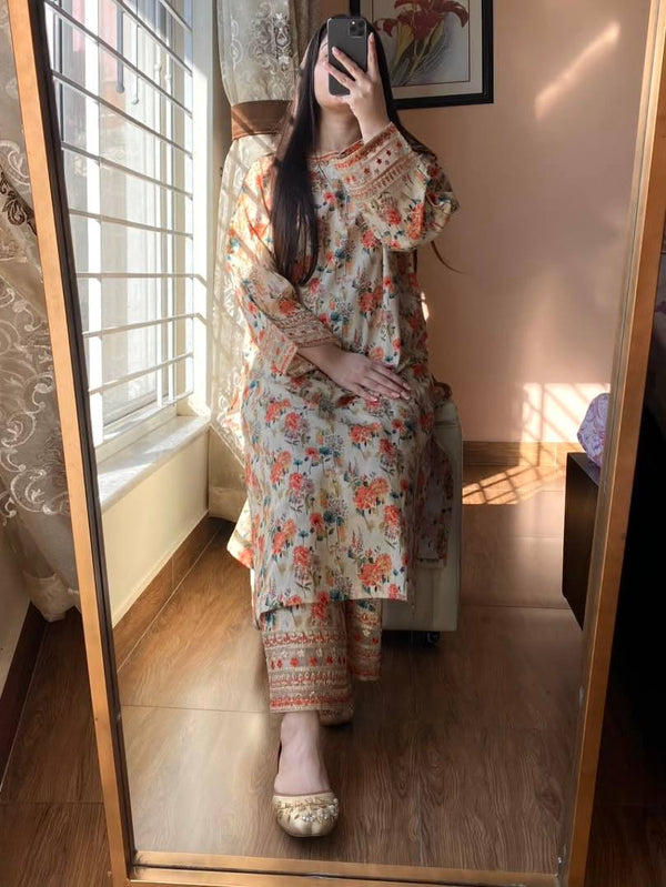 Festive Wear Pure Natural Roman Silk Digital Print And Sequin Embroidery Work Co-ord Palazzo Suit