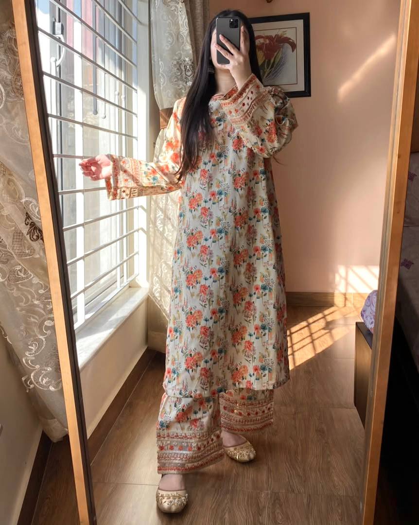 Festive Wear Pure Natural Roman Silk Digital Print And Sequin Embroidery Work Co-ord Palazzo Suit