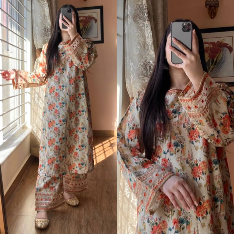 Festive Wear Pure Natural Roman Silk Digital Print And Sequin Embroidery Work Co-ord Palazzo Suit