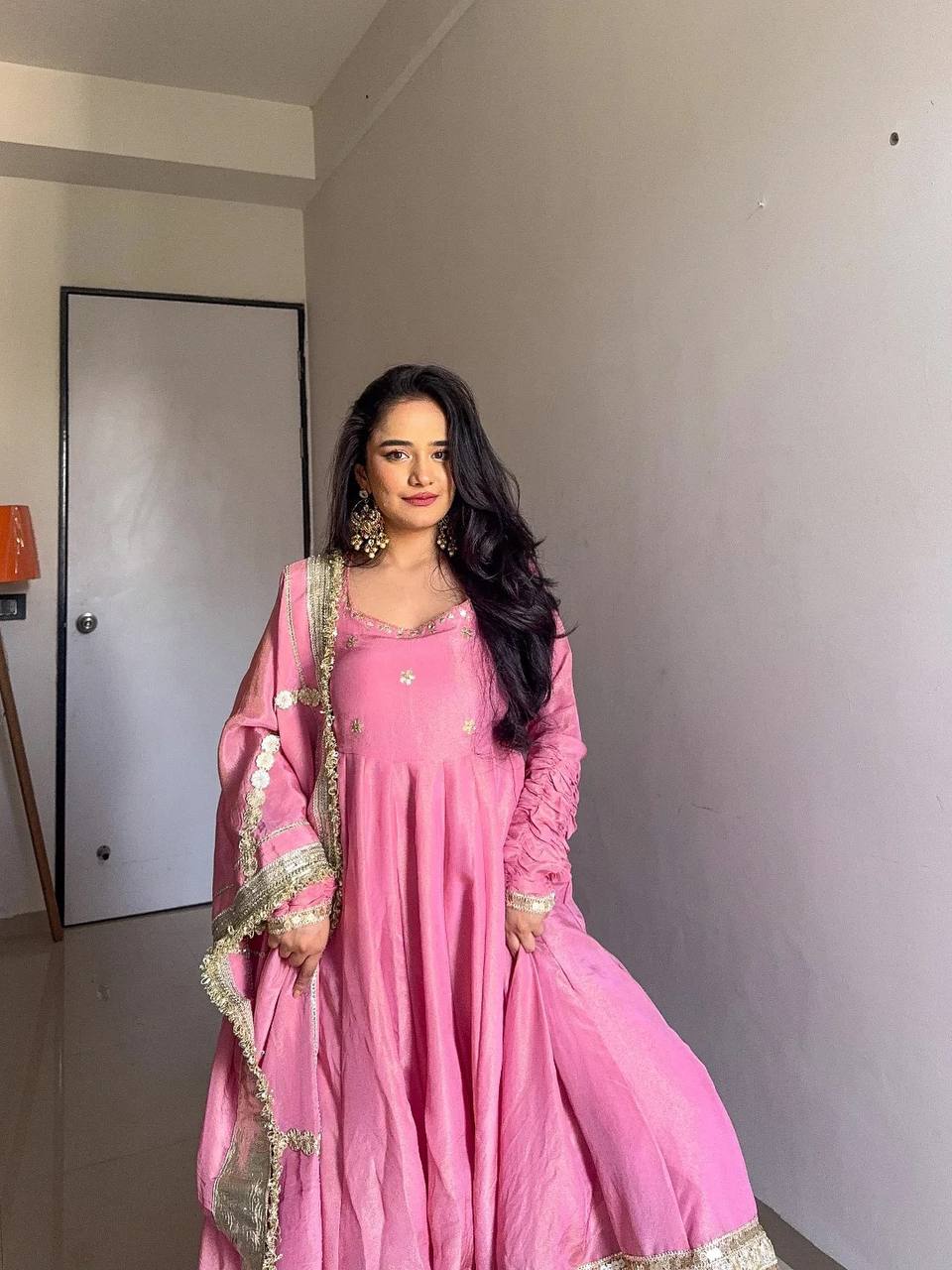 Engagement Wear Pink Color Soft Chinon Thread Embroidery With Sequins Work Beautiful Gown