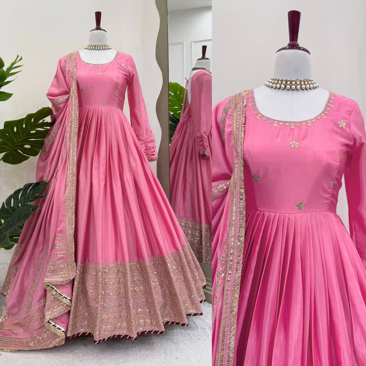 Engagement Wear Pink Color Soft Chinon Thread Embroidery With Sequins Work Beautiful Gown