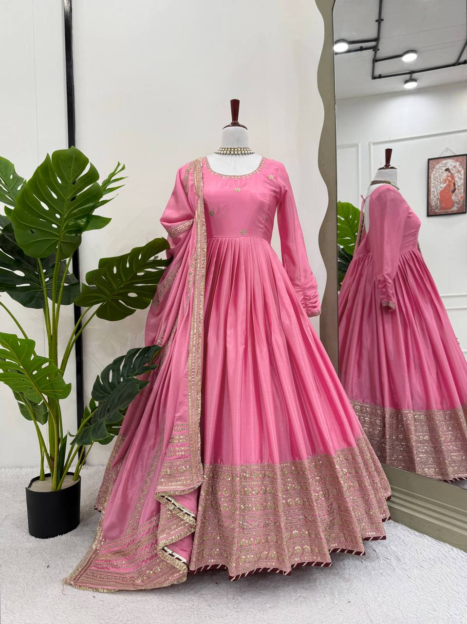 Engagement Wear Pink Color Soft Chinon Thread Embroidery With Sequins Work Beautiful Gown