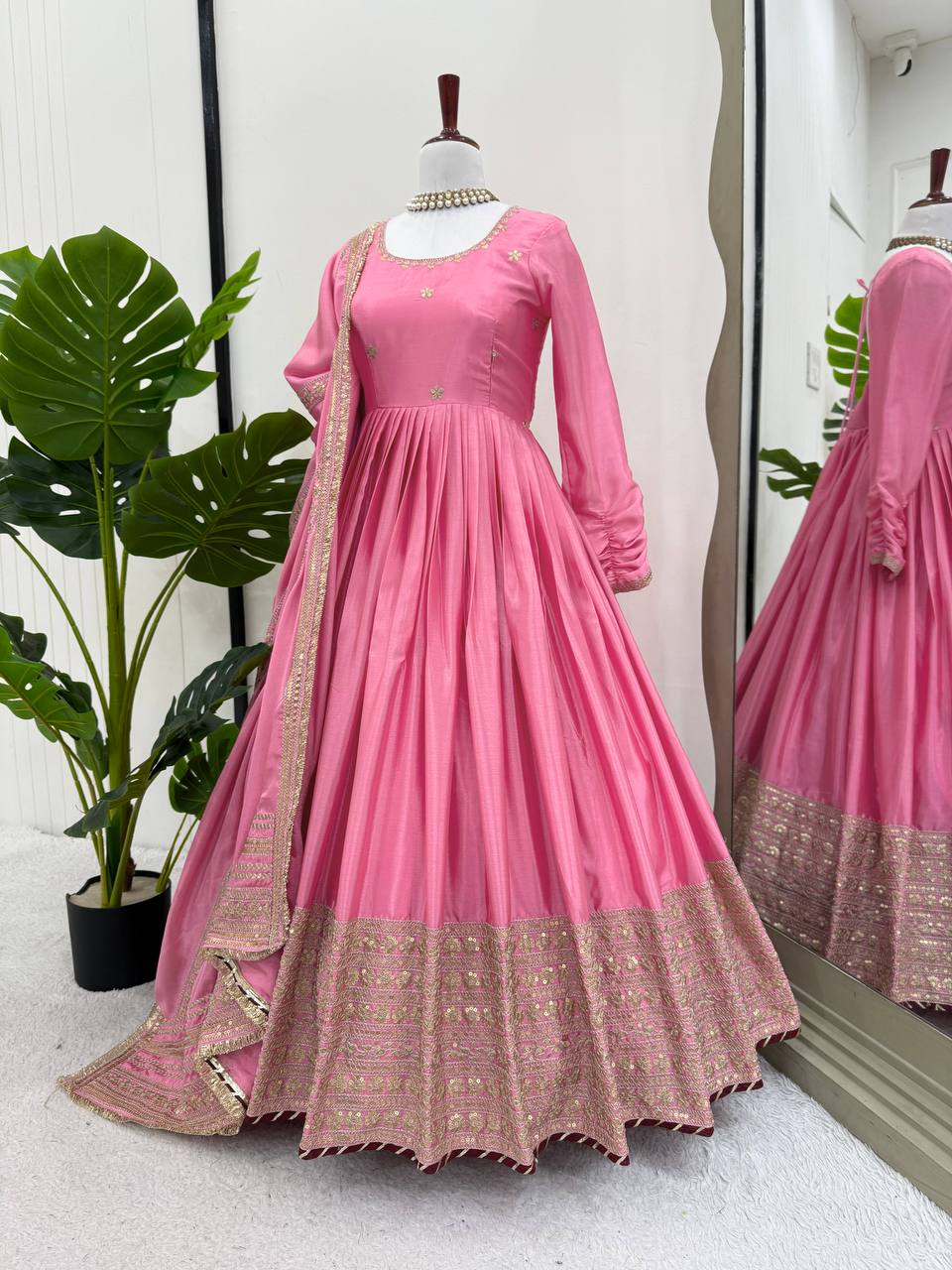 Engagement Wear Pink Color Soft Chinon Thread Embroidery With Sequins Work Beautiful Gown