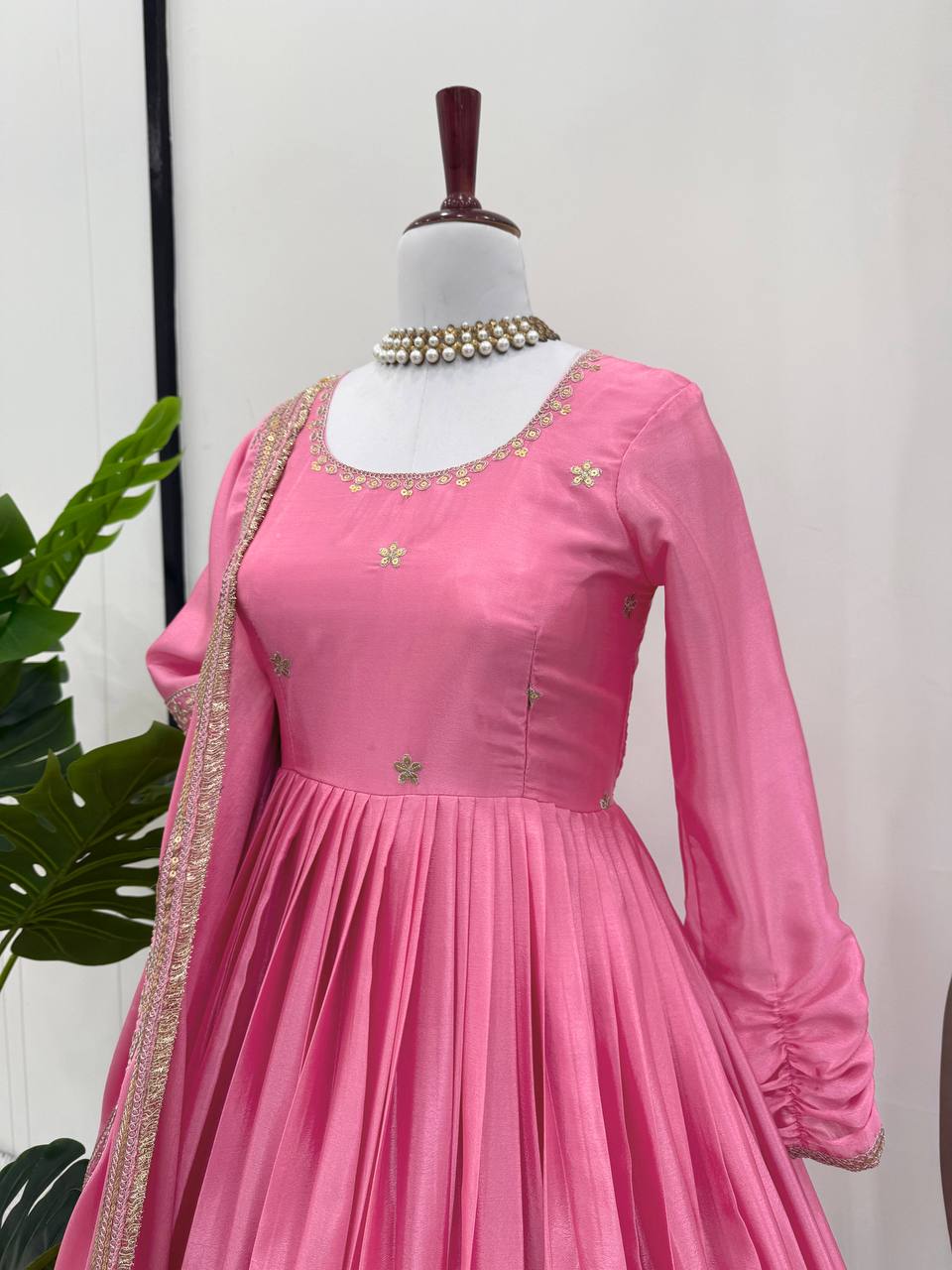 Engagement Wear Pink Color Soft Chinon Thread Embroidery With Sequins Work Beautiful Gown