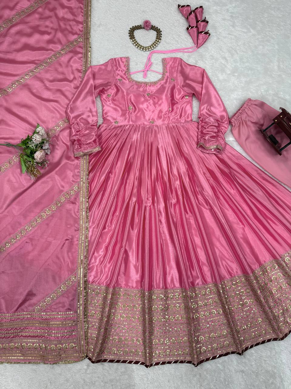 Engagement Wear Pink Color Soft Chinon Thread Embroidery With Sequins Work Beautiful Gown