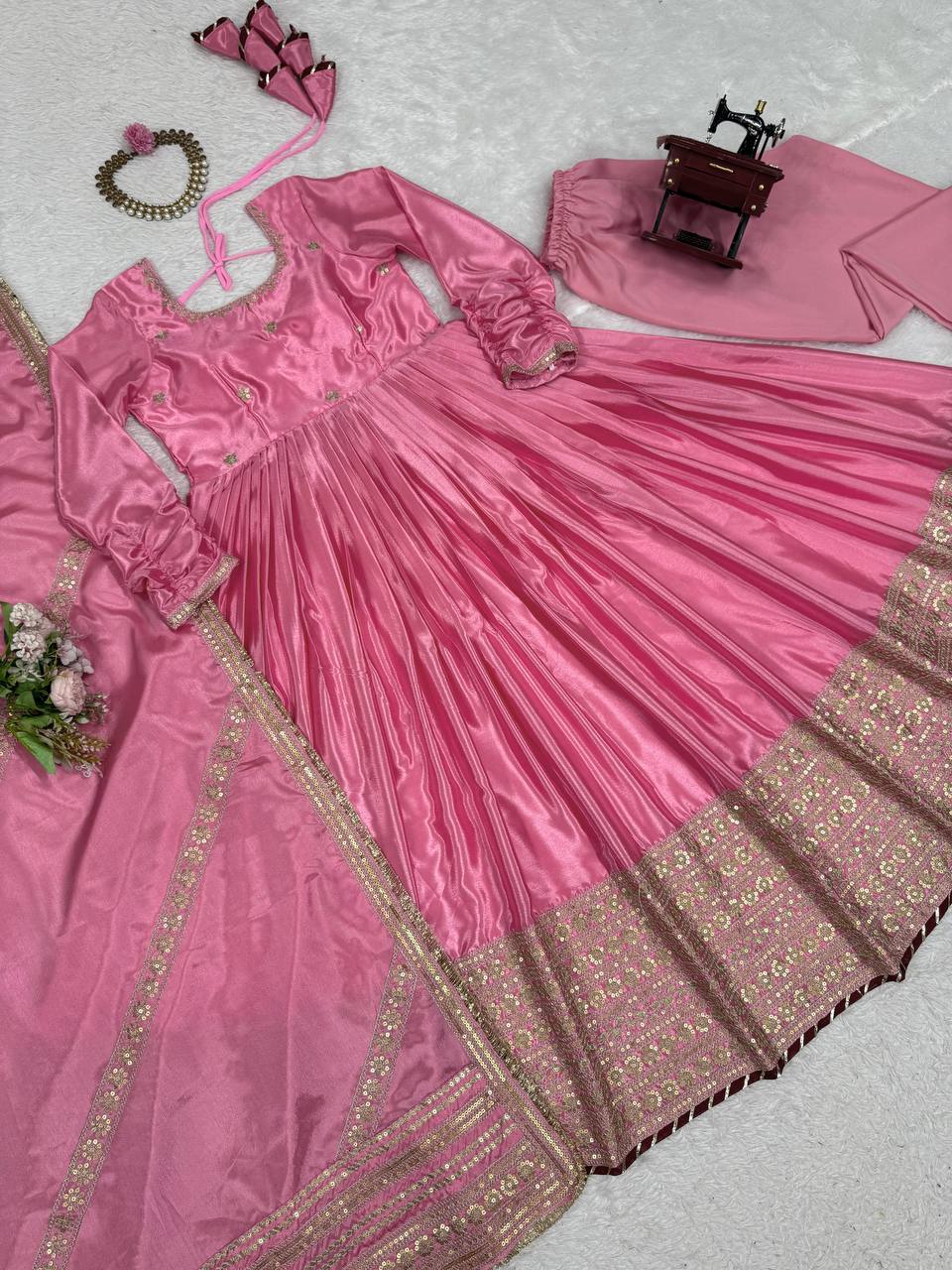 Engagement Wear Pink Color Soft Chinon Thread Embroidery With Sequins Work Beautiful Gown
