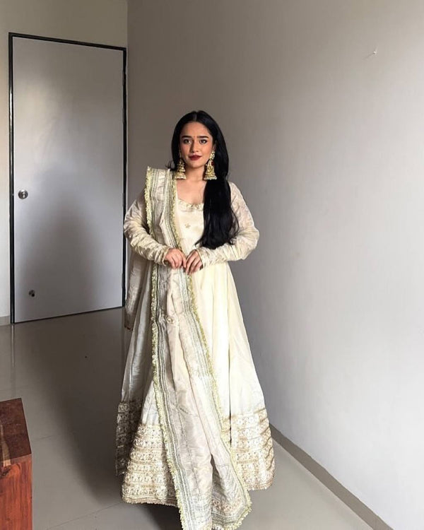 Function Wear Off White Color Soft Chinon Thread Embroidery With Sequins Work Beautiful Gown