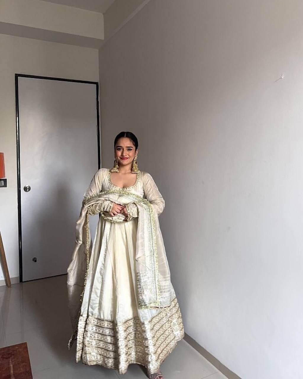 Function Wear Off White Color Soft Chinon Thread Embroidery With Sequins Work Beautiful Gown