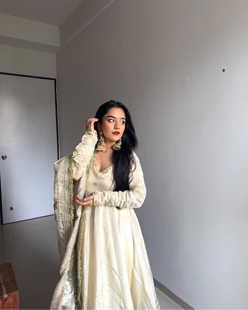 Function Wear Off White Color Soft Chinon Thread Embroidery With Sequins Work Beautiful Gown