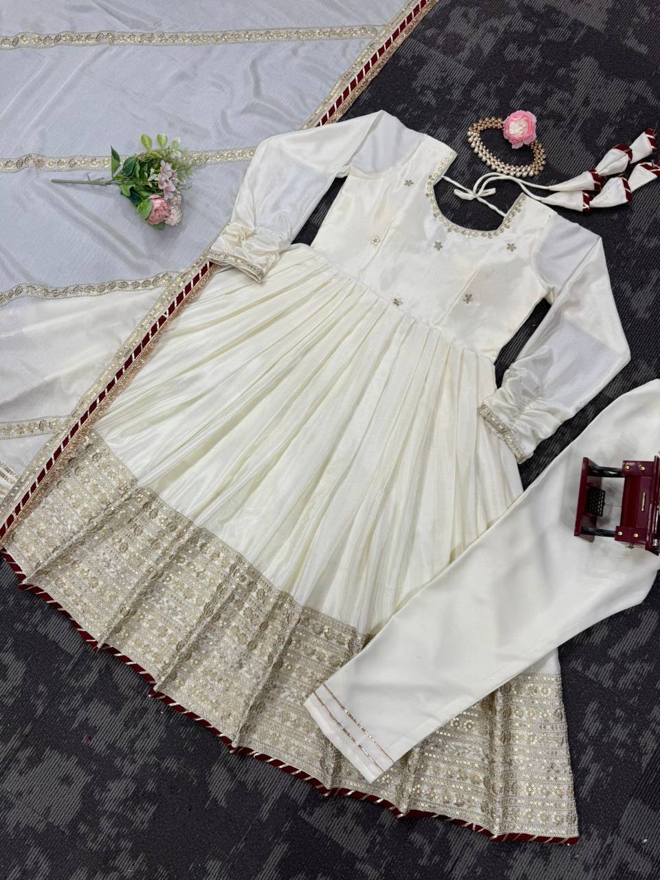 Function Wear Off White Color Soft Chinon Thread Embroidery With Sequins Work Beautiful Gown