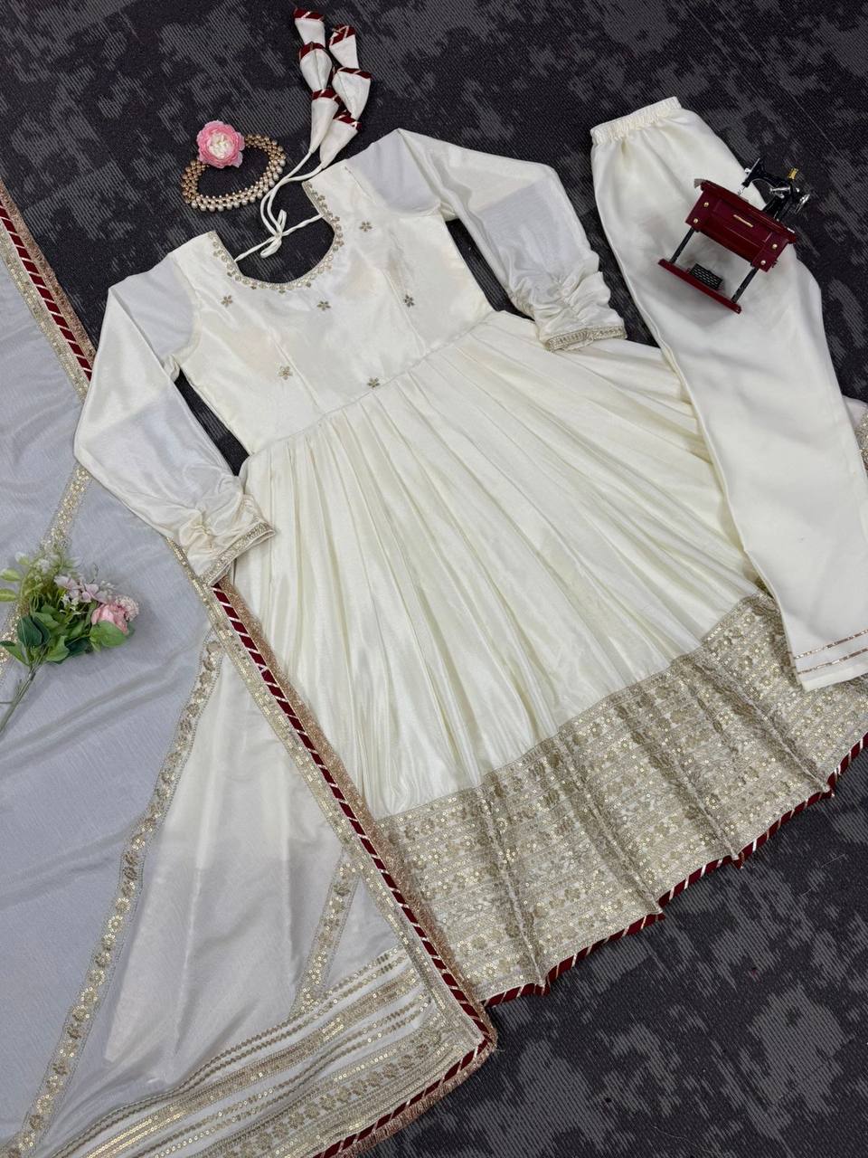 Function Wear Off White Color Soft Chinon Thread Embroidery With Sequins Work Beautiful Gown