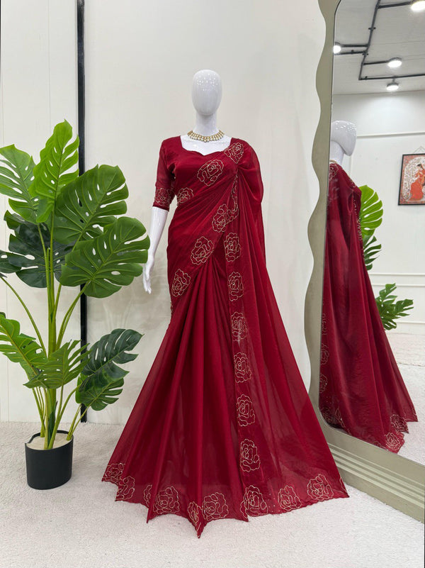 Ceremony Wear Maroon Color Jimmy Chu Silk With Hand Work Designer Saree
