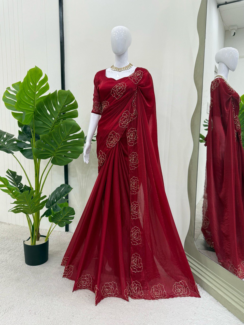 Ceremony Wear Maroon Color Jimmy Chu Silk With Hand Work Designer Saree