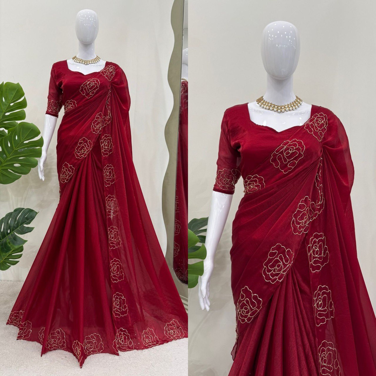 Ceremony Wear Maroon Color Jimmy Chu Silk With Hand Work Designer Saree