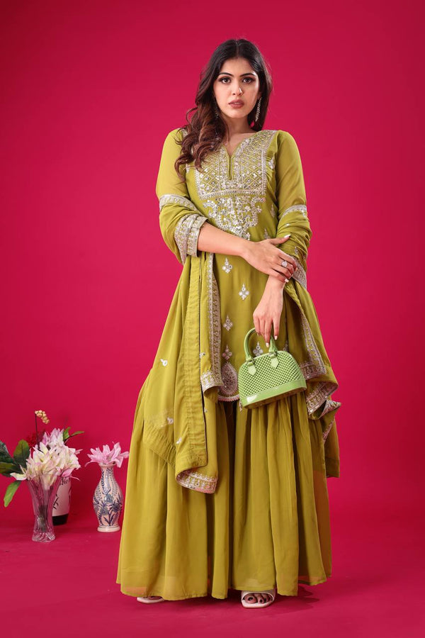 Trendy Parrot Green Color Heavy Georgette Embroidery Work Designer Sharara Suit