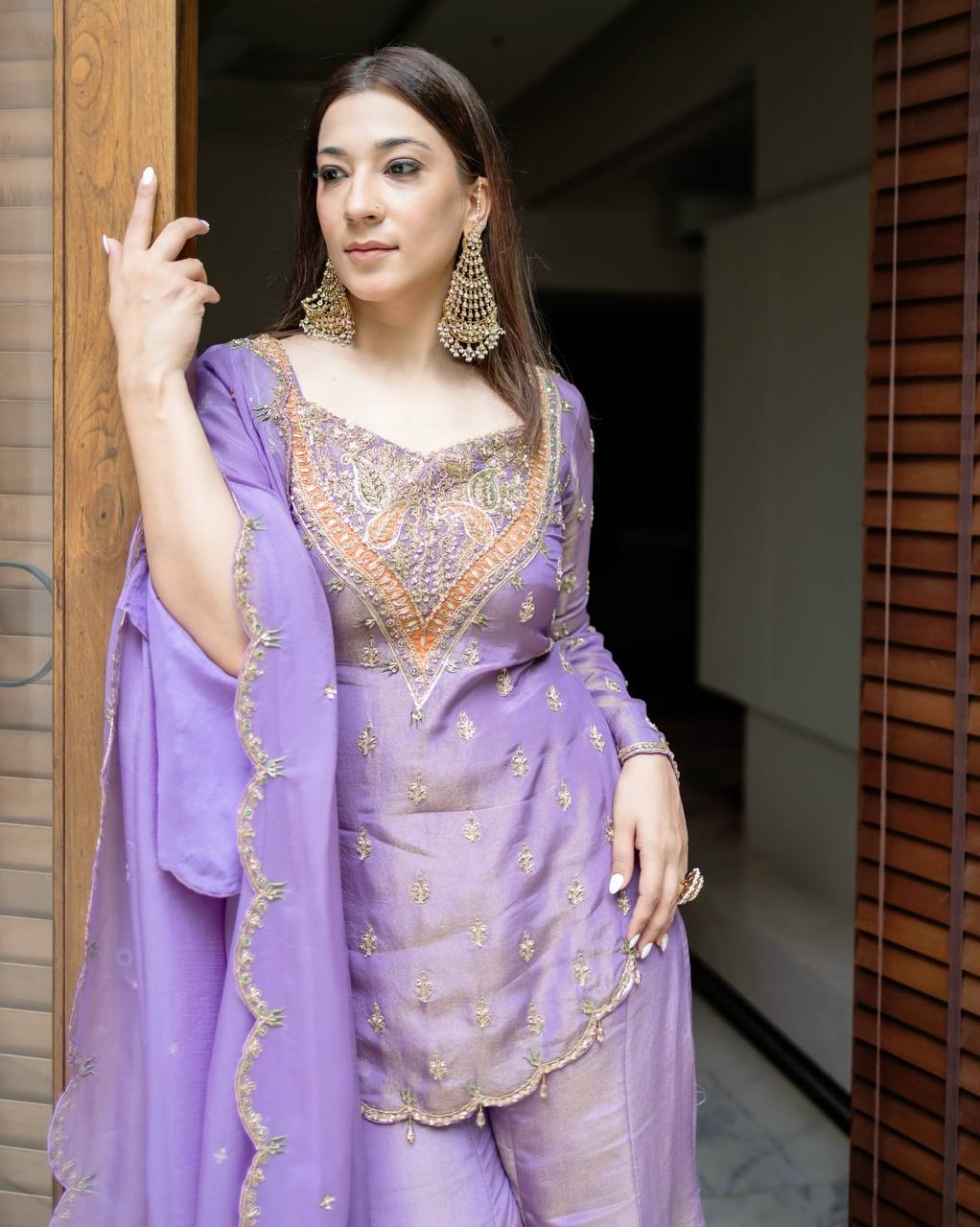 Wedding Wear Lavender Color Heavy Simar Silk With Embroidery Work Palazzo Suit