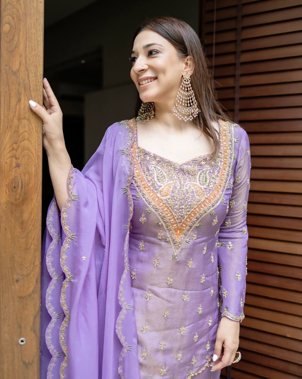Wedding Wear Lavender Color Heavy Simar Silk With Embroidery Work Palazzo Suit