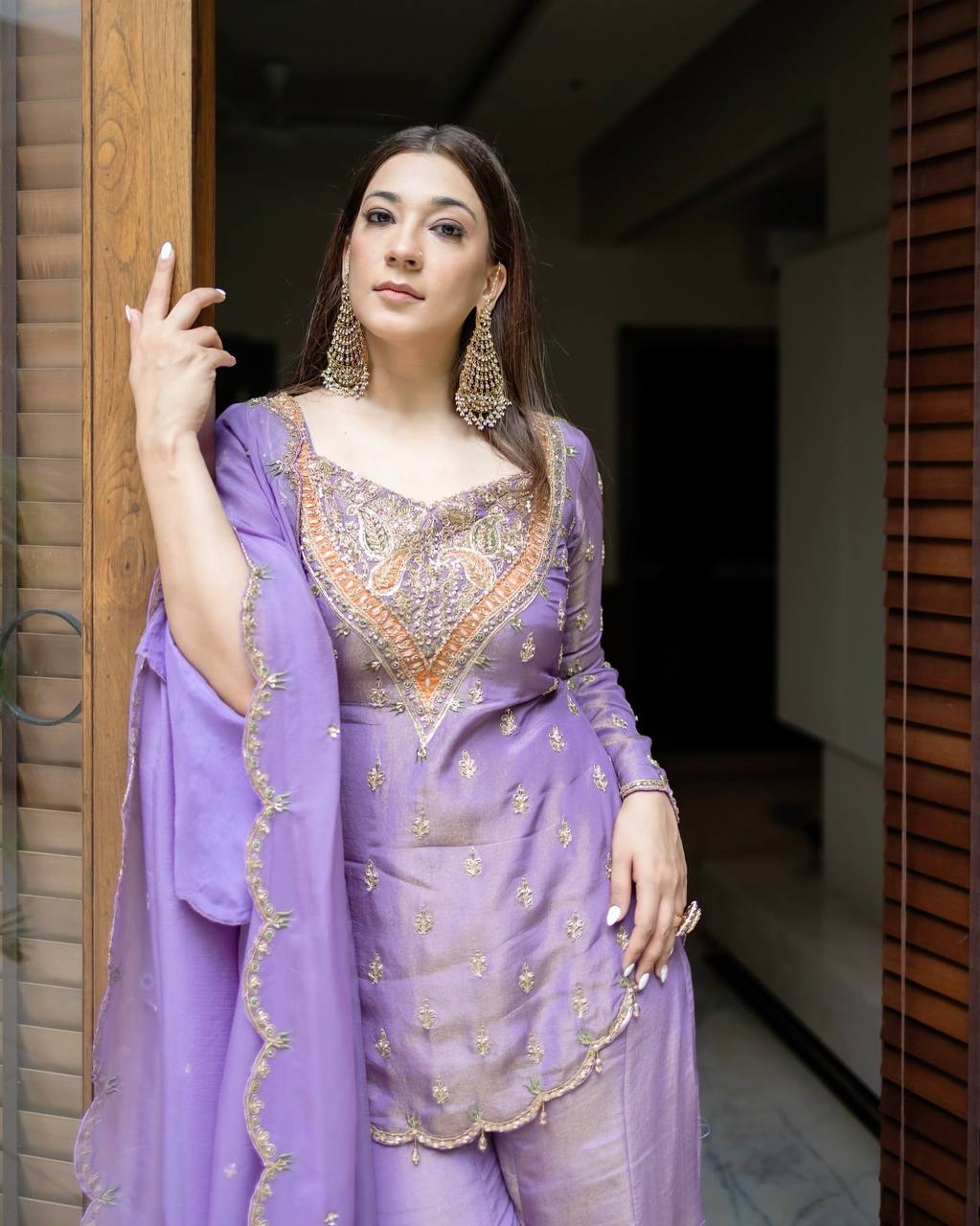 Wedding Wear Lavender Color Heavy Simar Silk With Embroidery Work Palazzo Suit
