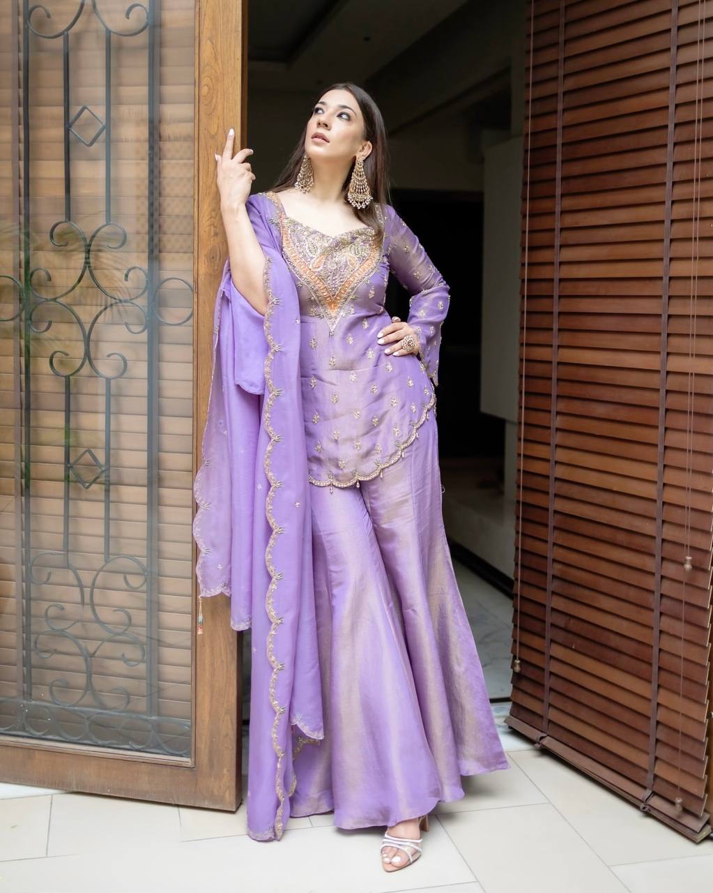 Wedding Wear Lavender Color Heavy Simar Silk With Embroidery Work Palazzo Suit