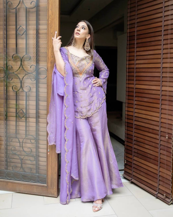 Wedding Wear Lavender Color Heavy Simar Silk With Embroidery Work Palazzo Suit