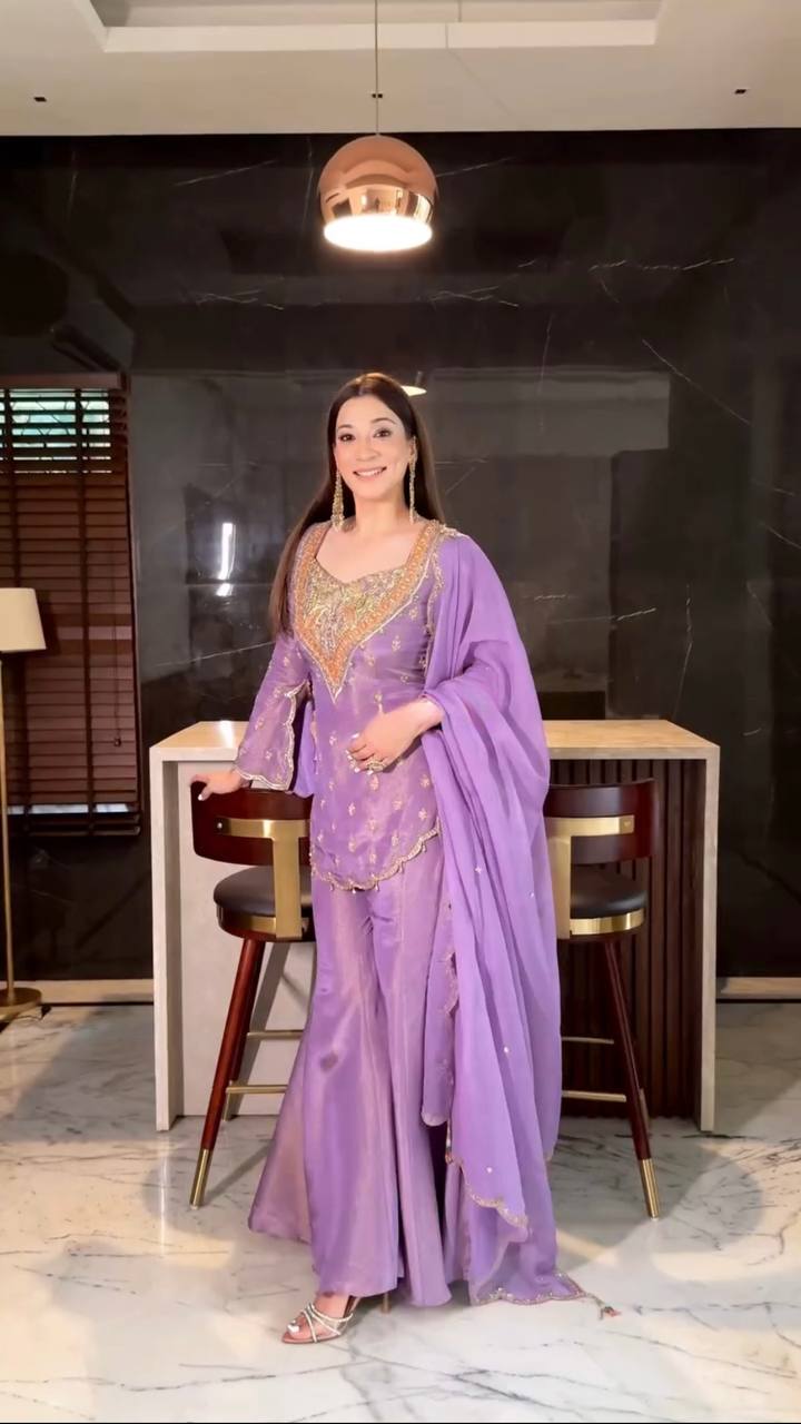 Wedding Wear Lavender Color Heavy Simar Silk With Embroidery Work Palazzo Suit