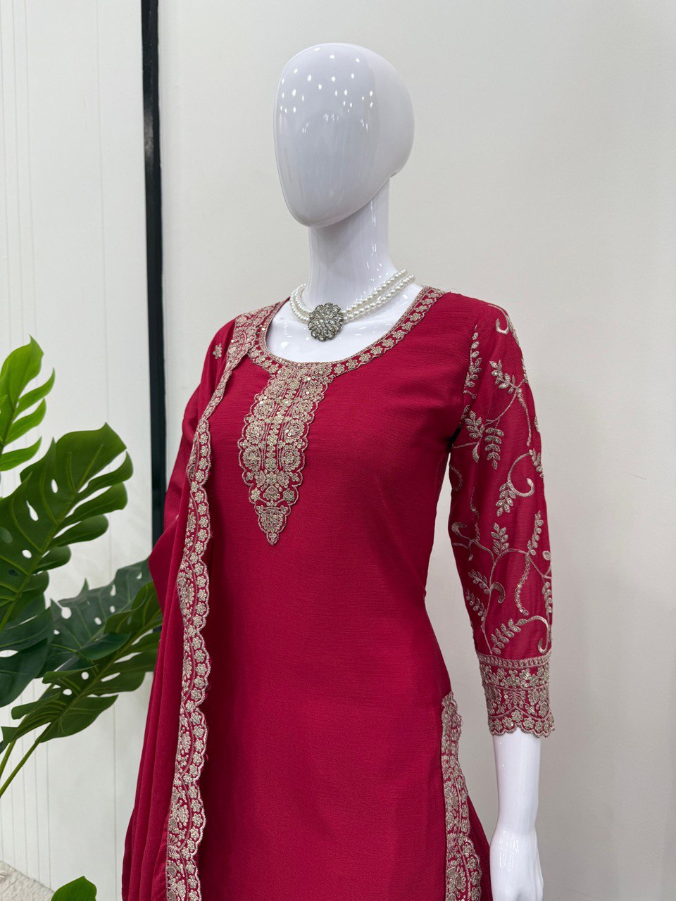 Wedding Wear Red Color Chinon Silk And Thread With Sequence Work Palazzo Suit