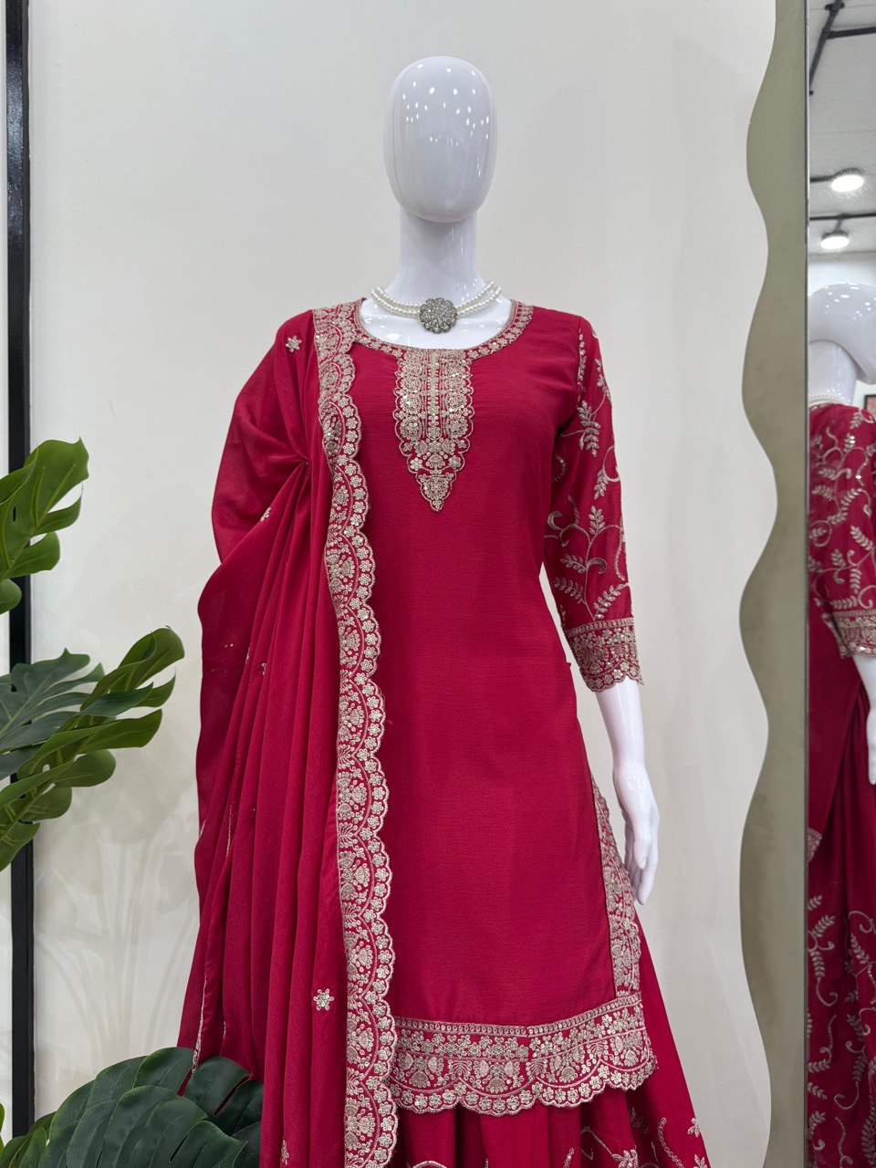 Wedding Wear Red Color Chinon Silk And Thread With Sequence Work Palazzo Suit
