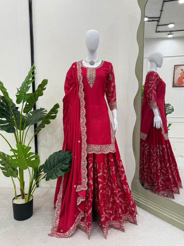 Wedding Wear Red Color Chinon Silk And Thread With Sequence Work Palazzo Suit