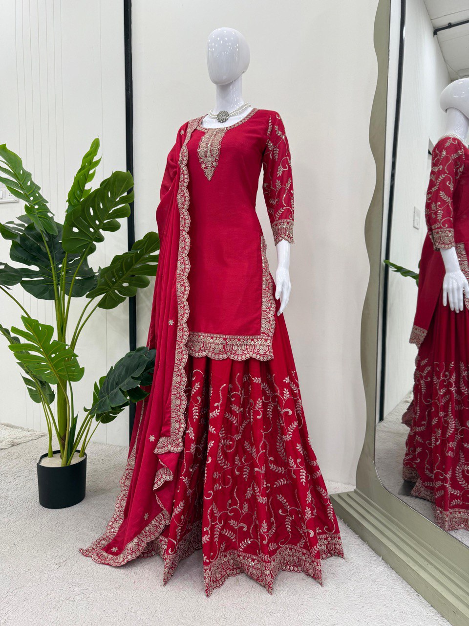 Wedding Wear Red Color Chinon Silk And Thread With Sequence Work Palazzo Suit