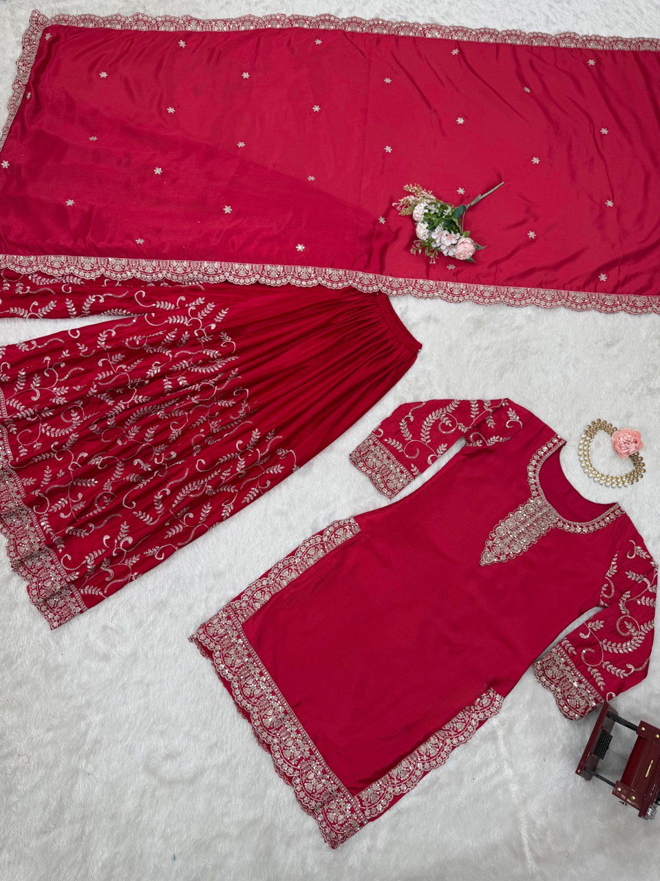 Wedding Wear Red Color Chinon Silk And Thread With Sequence Work Palazzo Suit