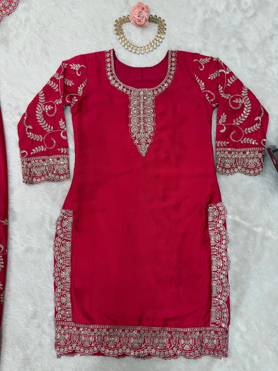 Wedding Wear Red Color Chinon Silk And Thread With Sequence Work Palazzo Suit
