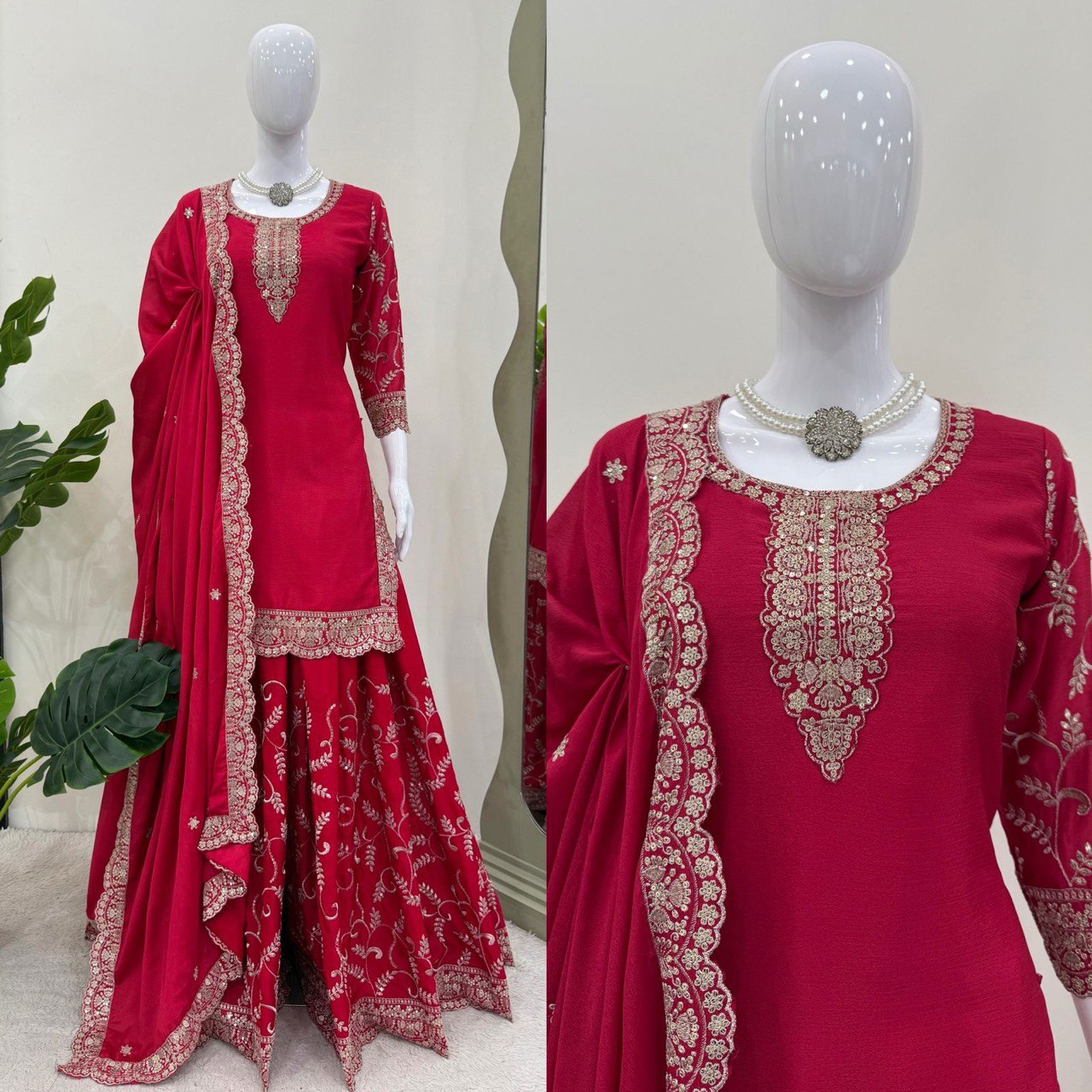 Wedding Wear Red Color Chinon Silk And Thread With Sequence Work Palazzo Suit