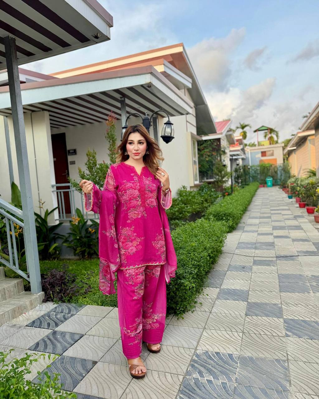 Casual Wear Pink Color Pure Faux Georgette With Digital Print Palazzo Suit