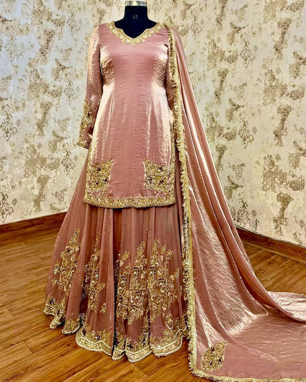 Wedding Wear Dusty Peach Color Heavy Chinon Silk  Embroidery With Sequins And Pearl With Mirror Work Palazzo Suit