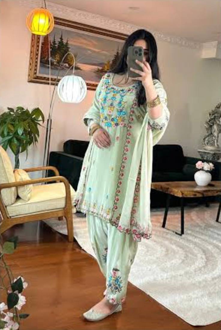 Attractive Pista Color Beautiful Embroidered Patiyala Salwar Suit