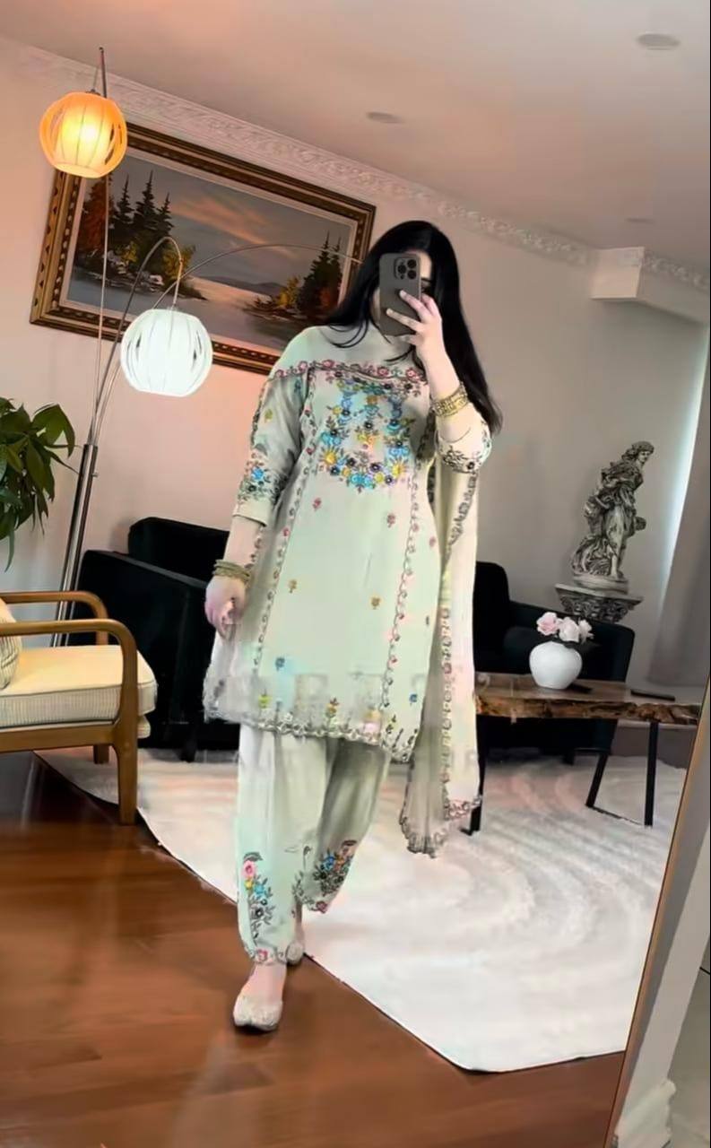 Attractive Pista Color Beautiful Embroidered Patiyala Salwar Suit