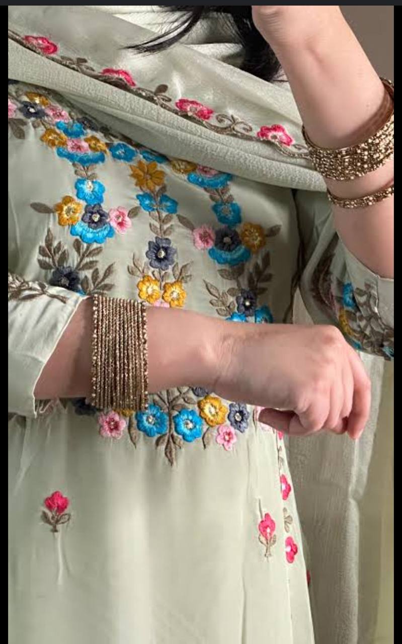 Attractive Pista Color Beautiful Embroidered Patiyala Salwar Suit