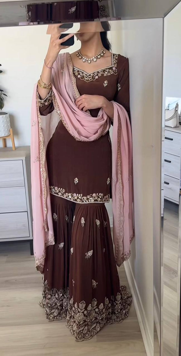 Reception Wear Brown Color Heavy Faux Georgette With Embroidery Sequin Work Palazzo Sharara Suit