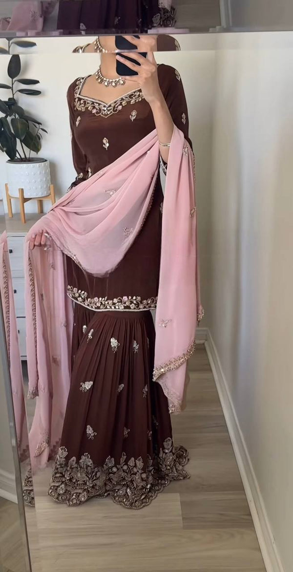 Designer Natural Crepe Brown Color Sequins Embroidered Work Wedding Wear Sharara Set With Fancy Dupatta