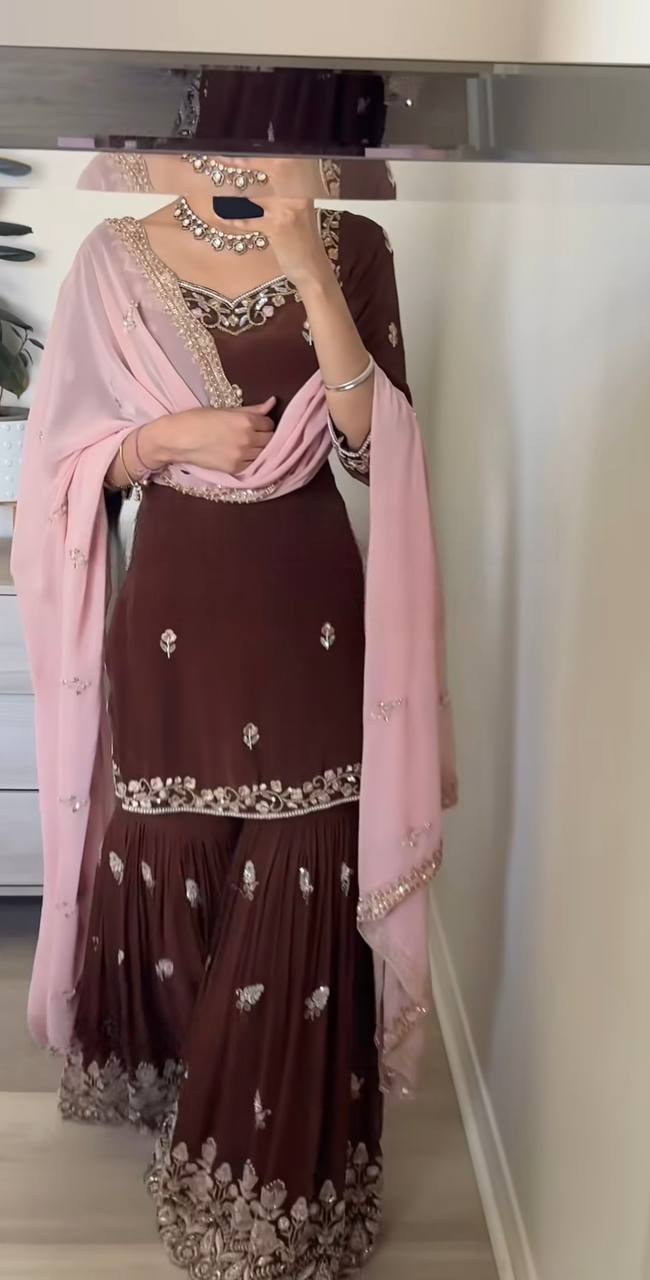 Designer Natural Crepe Brown Color Sequins Embroidered Work Wedding Wear Sharara Set With Fancy Dupatta