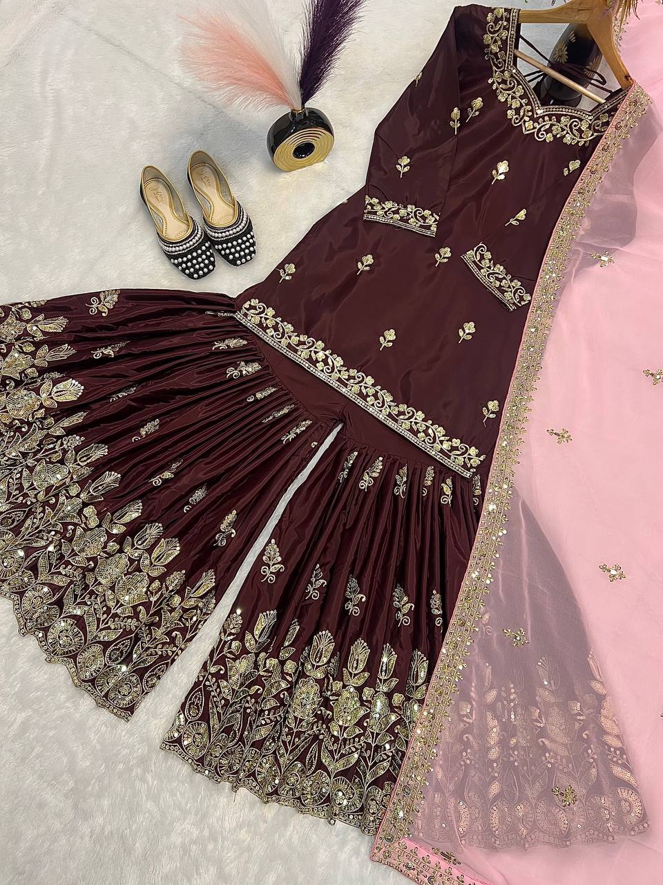 Designer Natural Crepe Brown Color Sequins Embroidered Work Wedding Wear Sharara Set With Fancy Dupatta