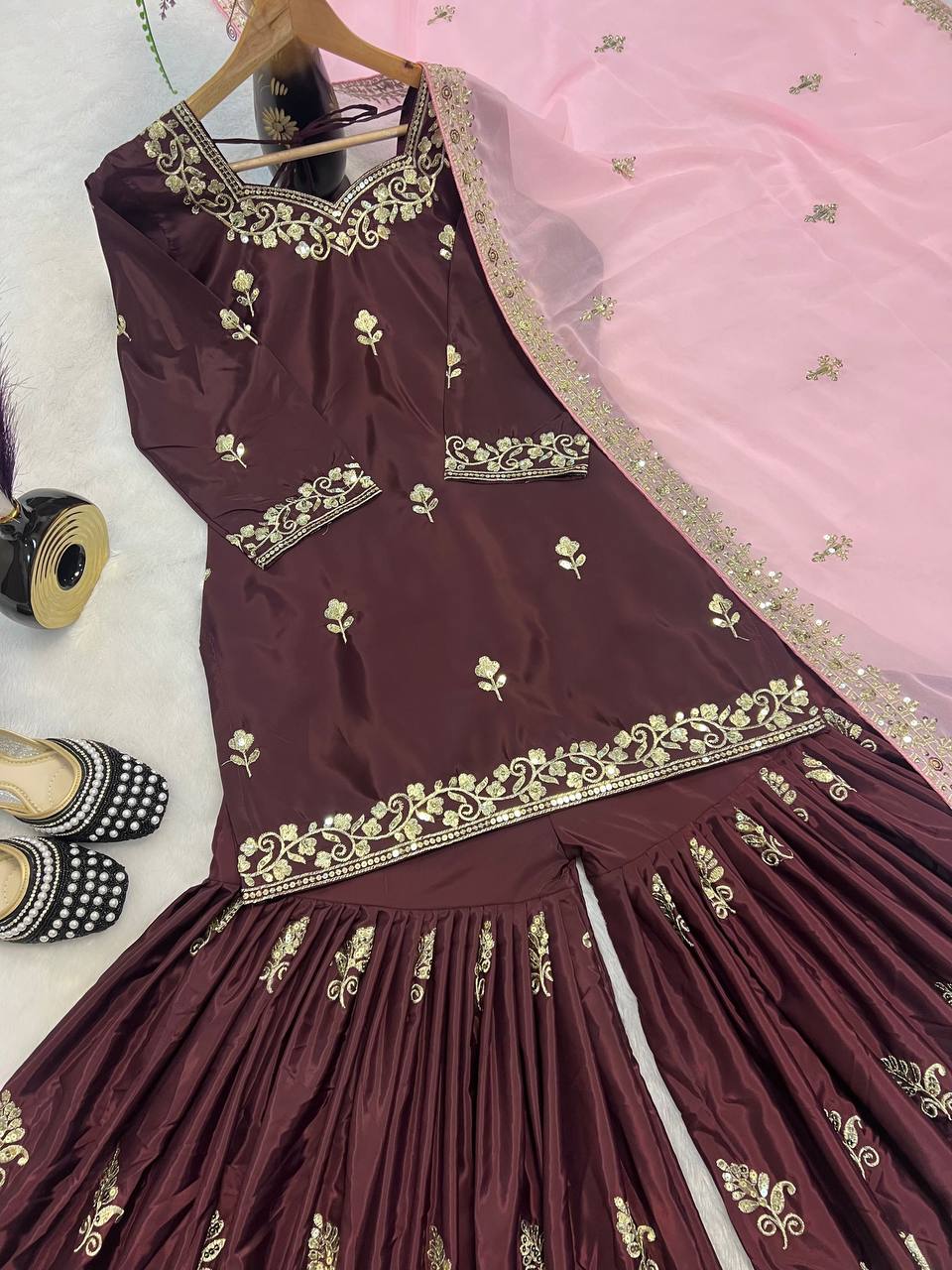 Designer Natural Crepe Brown Color Sequins Embroidered Work Wedding Wear Sharara Set With Fancy Dupatta