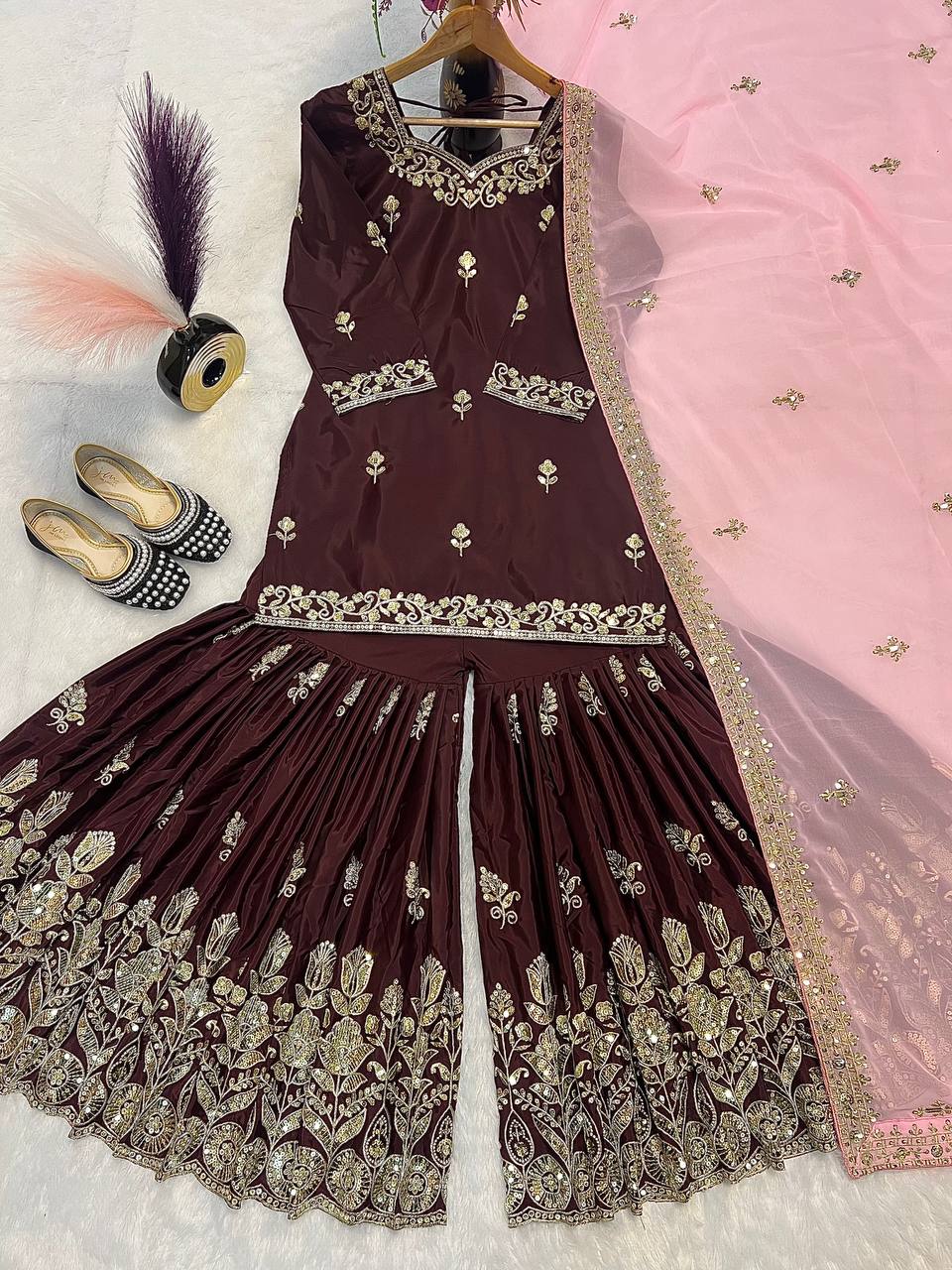 Designer Natural Crepe Brown Color Sequins Embroidered Work Wedding Wear Sharara Set With Fancy Dupatta